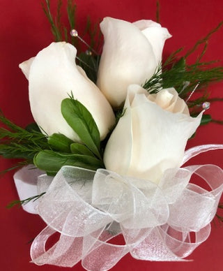3 WHITE ROSE WITH RIBBON PROM CORSAGE (FGB109) - Flowers Gifts and Balloons