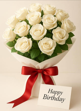 Elegant 12 White Roses Bouquet with Birthday Greeting Card - Flowers Gifts and Balloons