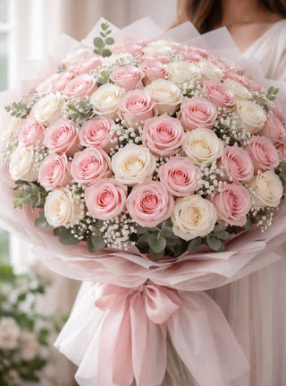 Luxury 50 Pink & White Roses Bouquet with Baby’s Breath 🌿 - Flowers Gifts and Balloons